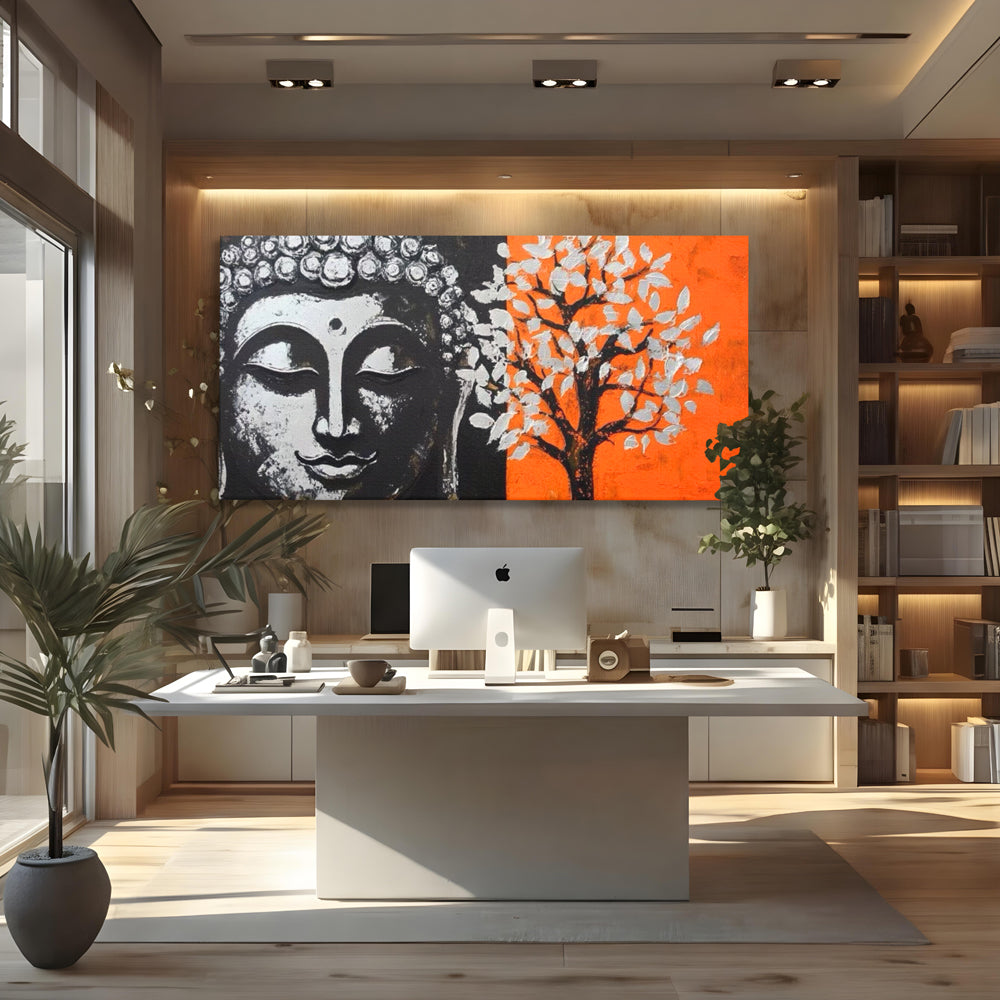 Tablou canvas cu tablou canvas cu capul lui buddha si un copac, fara rama, pe sasiu de lemn, pe perete intr-un birou